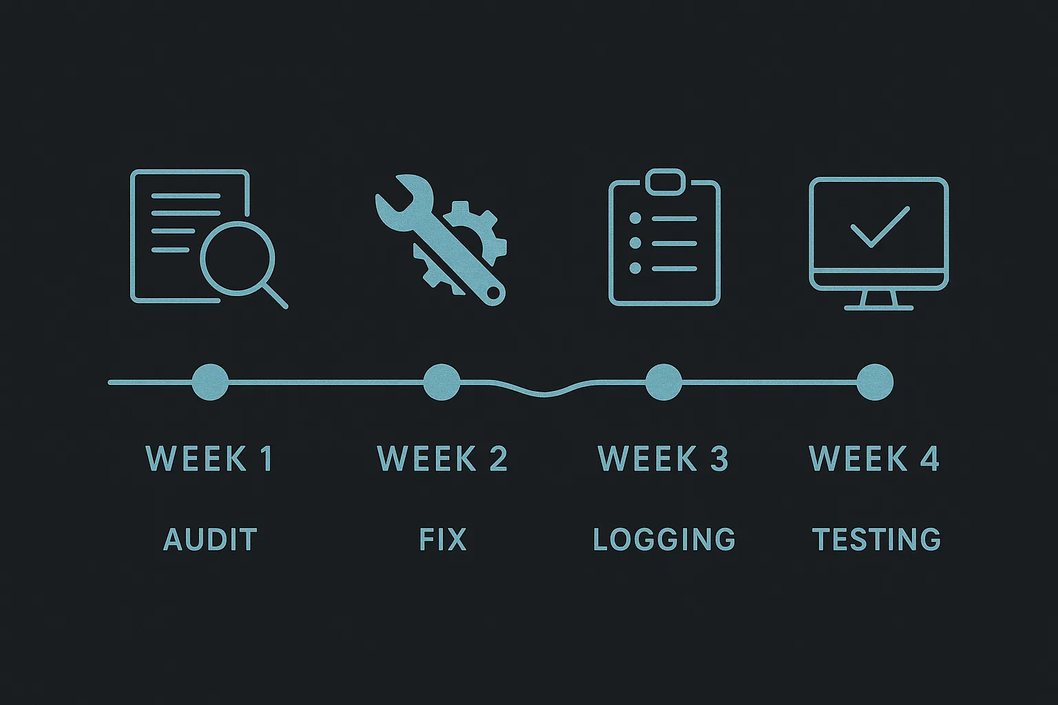 A four-week horizontal rollout timeline showing audit, fix, logging, and replay-testing stages for webhook verification