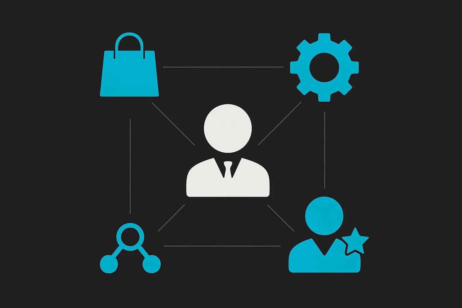 A fractional CTO figure sitting at the center of a business, connected to product, engineering, and leadership decisions