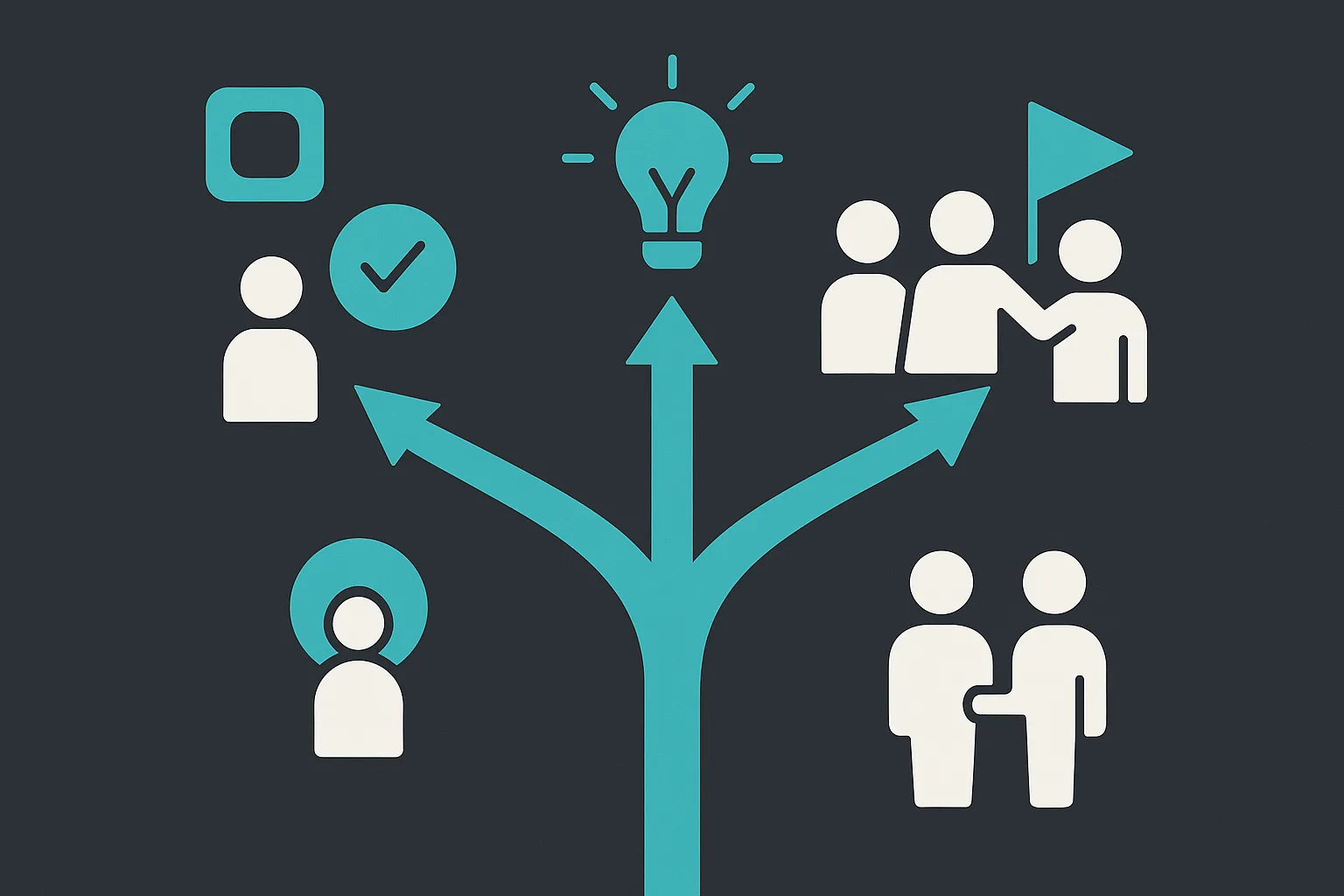Three paths branching from one decision point, labeled freelancer, agency, and fractional CTO, each leading to a different shaped outcome