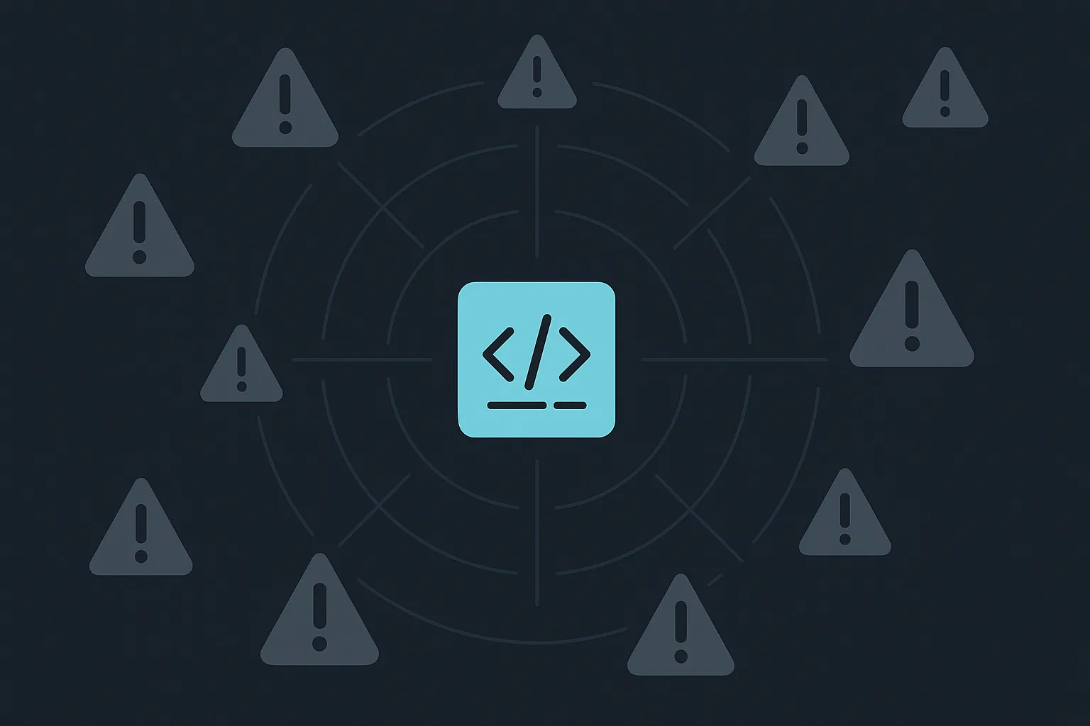 An overview diagram with a central software project icon surrounded by eight small distinct warning-sign icons at varying distances, radiating outward like a radar display