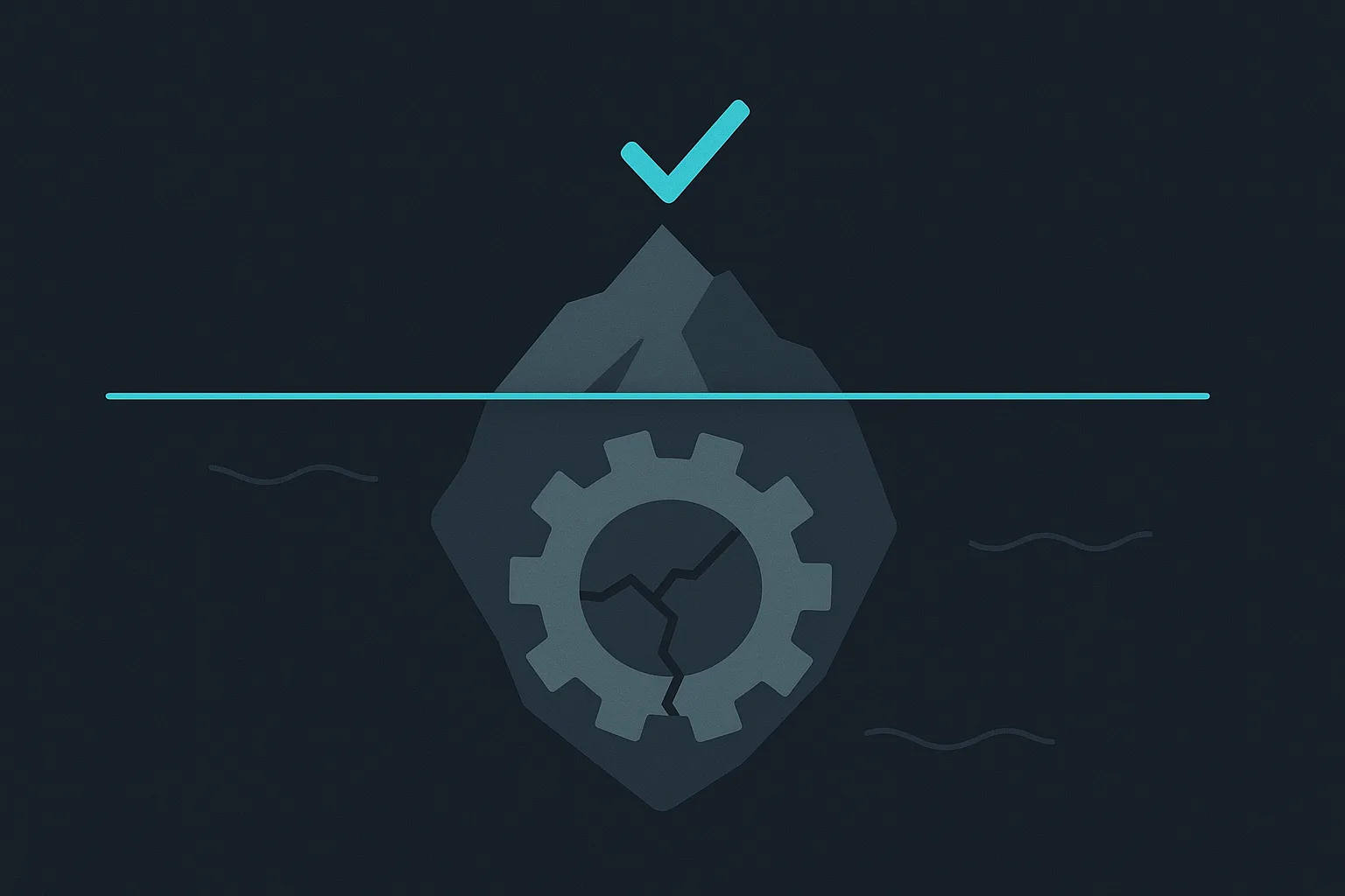 An iceberg diagram: a small checkmark icon visible above a waterline, with a much larger hidden broken-gear structure submerged below the waterline