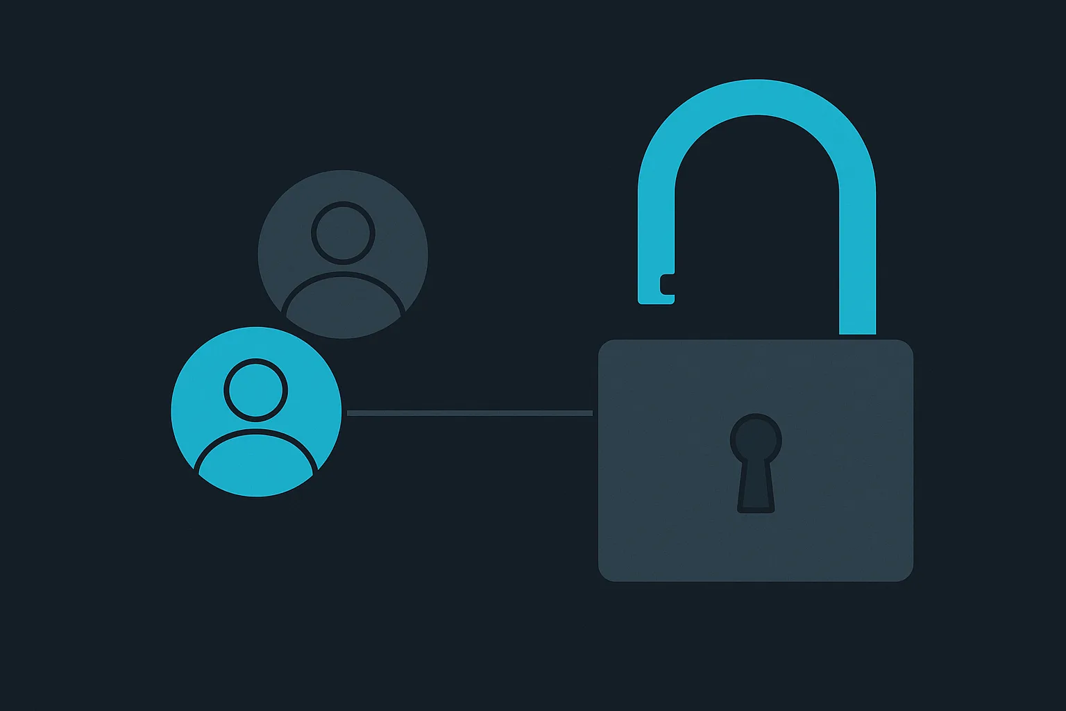 A diagram of a padlock with a visible open gap in its shackle, positioned beside two overlapping abstract user-profile icons connected by a thin exposed line