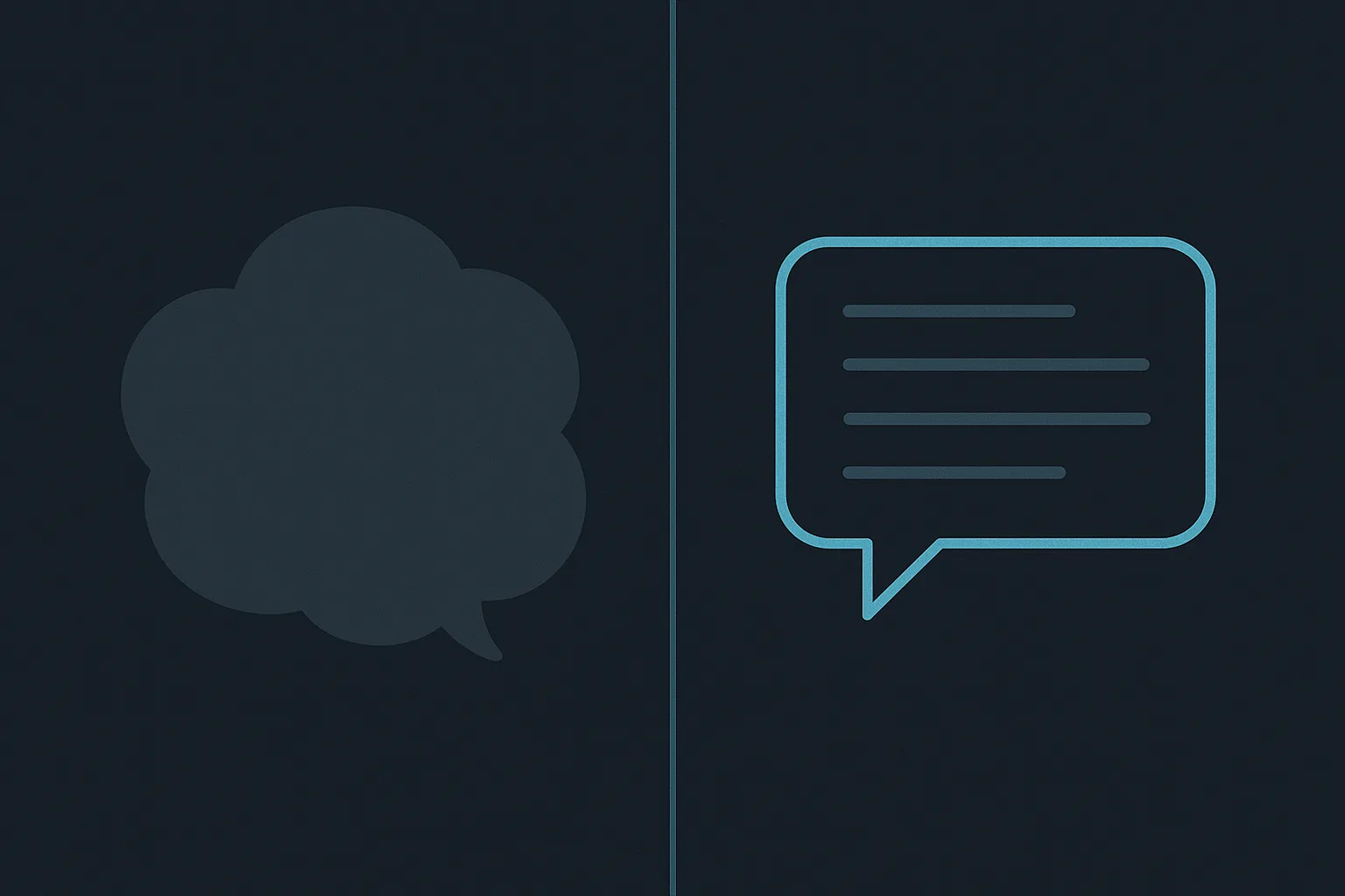 A split-panel comparison diagram: left panel shows a hazy, undefined speech-bubble shape; right panel shows a crisp, structured speech bubble with clear internal lines suggesting organized information
