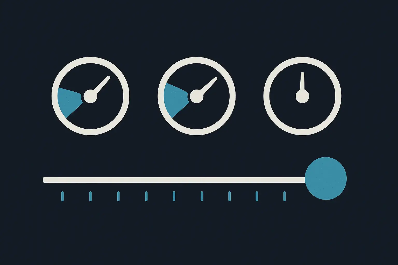 A dashboard-style diagram showing several gauge indicators, some in a warning state, positioned early on a project timeline well ahead of the deadline marker