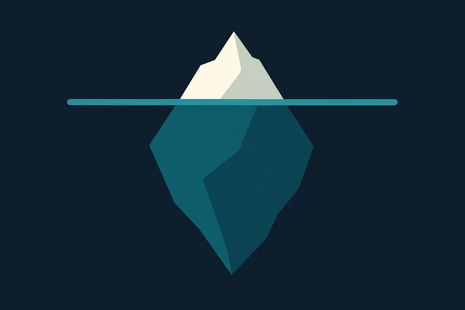 An iceberg diagram showing a small visible tip labeled demo-ready above the waterline and a much larger hidden mass representing edge cases, error handling, and maintenance below it