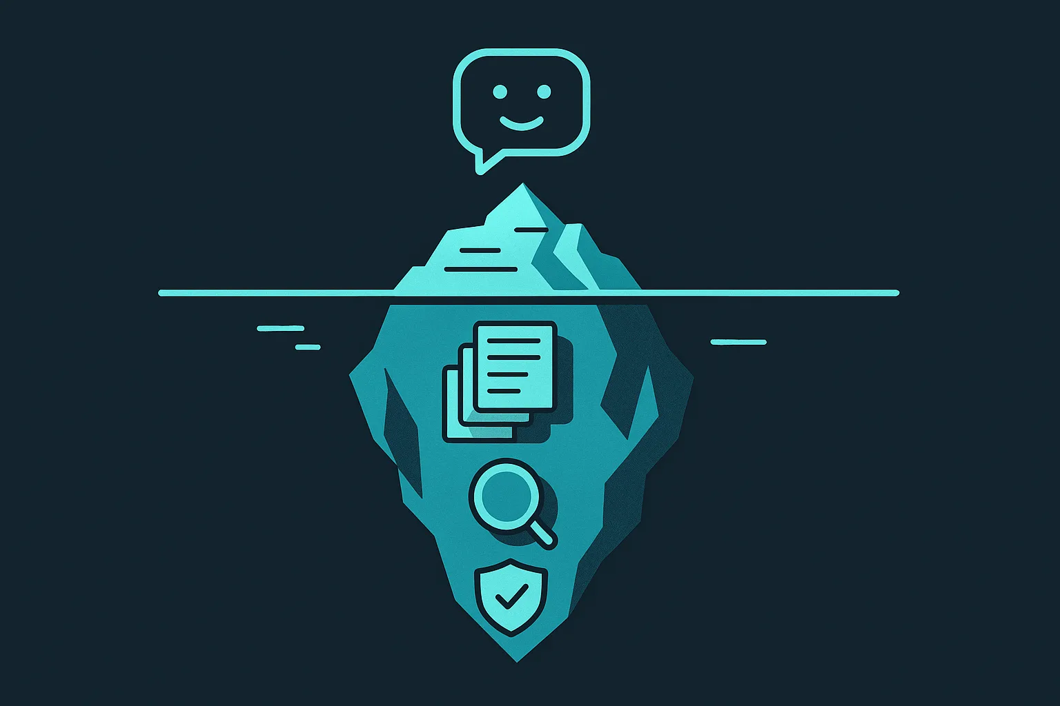 An iceberg diagram showing a small chat widget above the waterline and a much larger hidden mass labeled knowledge base, retrieval, and confidence checks below it