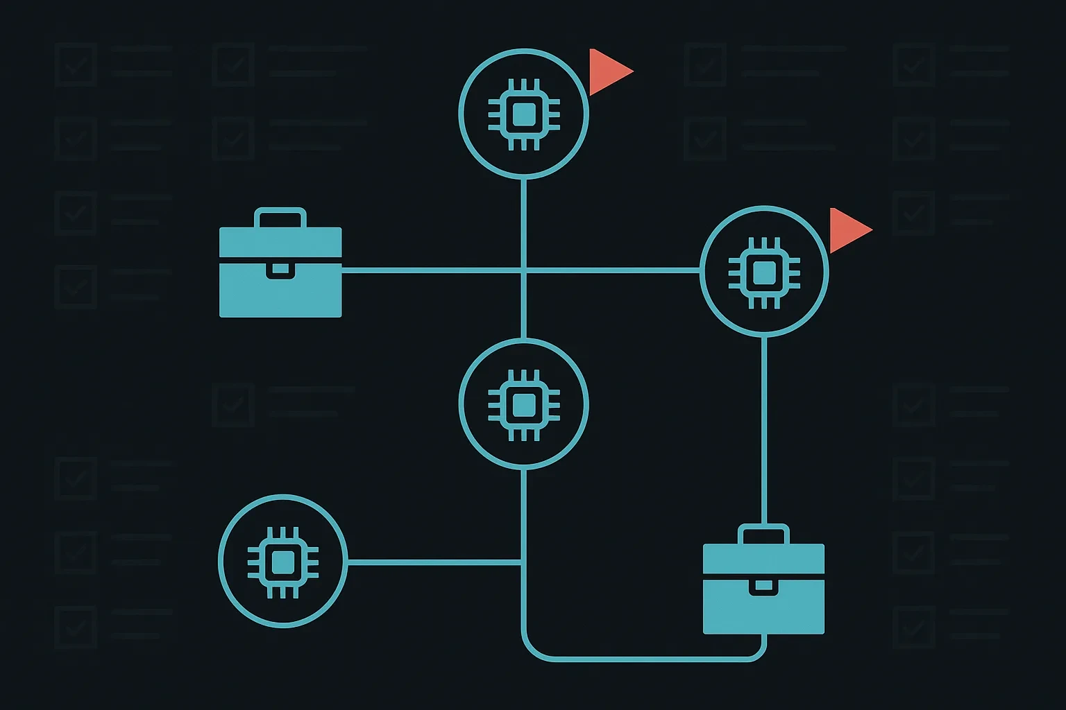 A diagram of a multi-agent system architecture with several components highlighted by red risk flags, labeled against a security checklist