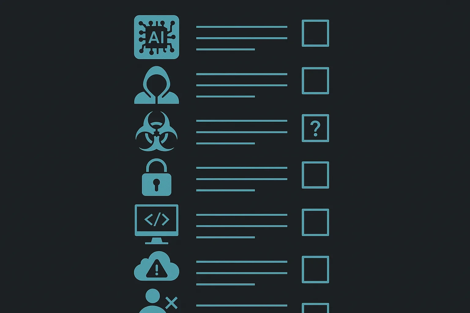 A checklist-style diagram of eight additional agent security risk categories, including memory poisoning, cascading failures, and rogue agents, each marked as unverified