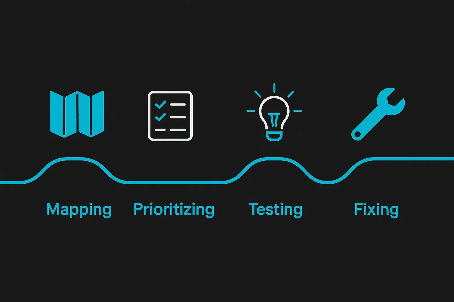 A four-week timeline diagram showing the steps of mapping tool scopes, prioritizing risk categories, adversarial testing, and same-day fixes