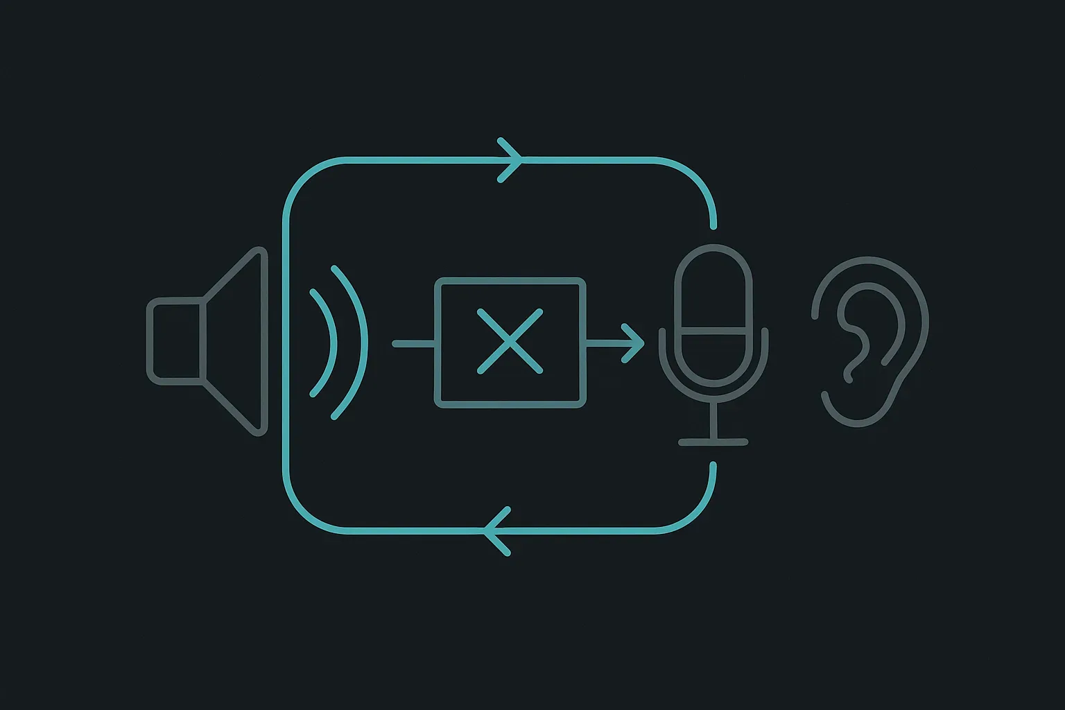A diagram of an AI agent's own voice output looping back through a caller's speaker into their microphone, with a cancellation stage removing the echo before the system listens for real speech