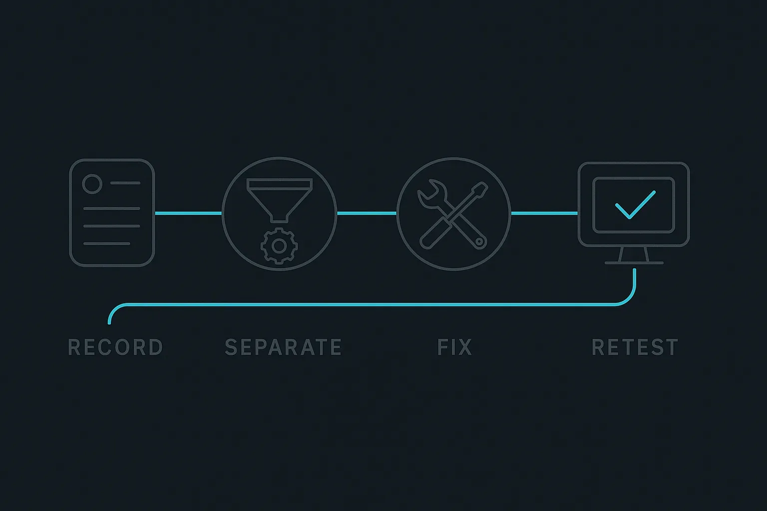 A four-week rollout timeline diagram showing the steps of recording real calls, separating the four failure types, fixing the most frequent one, and re-testing against real recordings