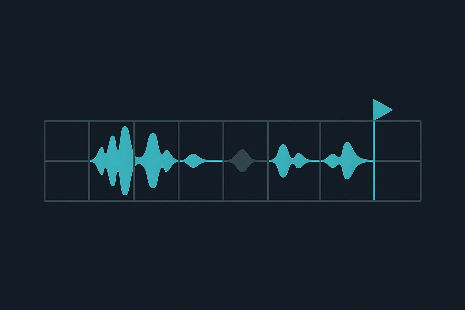 A waveform diagram showing an audio signal being classified frame by frame into speech and silence segments, with a separate marker showing where an utterance is judged complete