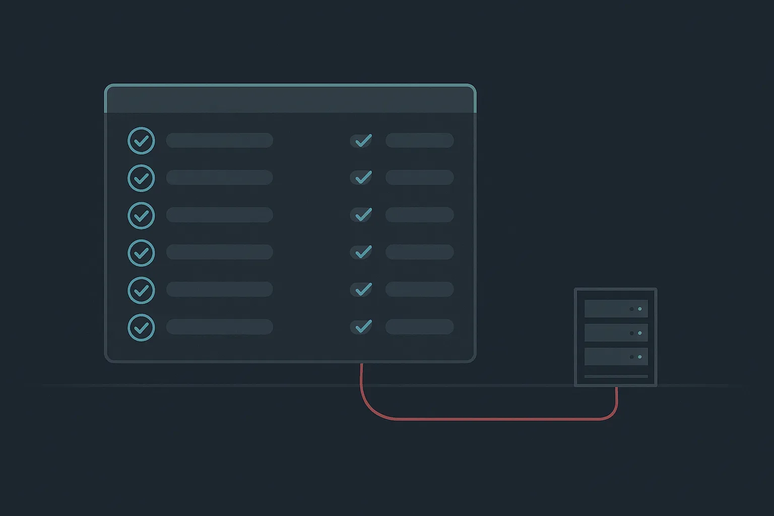 A dashboard of all-green test results with a single faint red thread running underneath into a production server