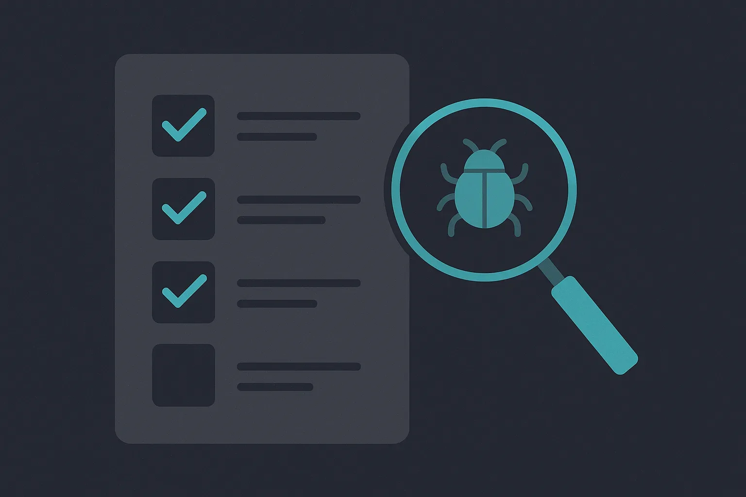 A split illustration: a checklist of passing unit tests on one side, a magnifying glass finding a bug outside that checklist's scope on the other