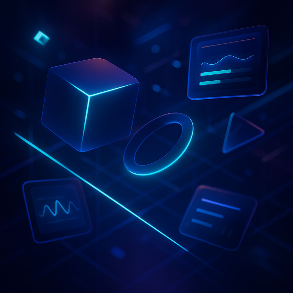 Cinematic 3D scene with abstract shapes, light streaks, and UI elements floating in space