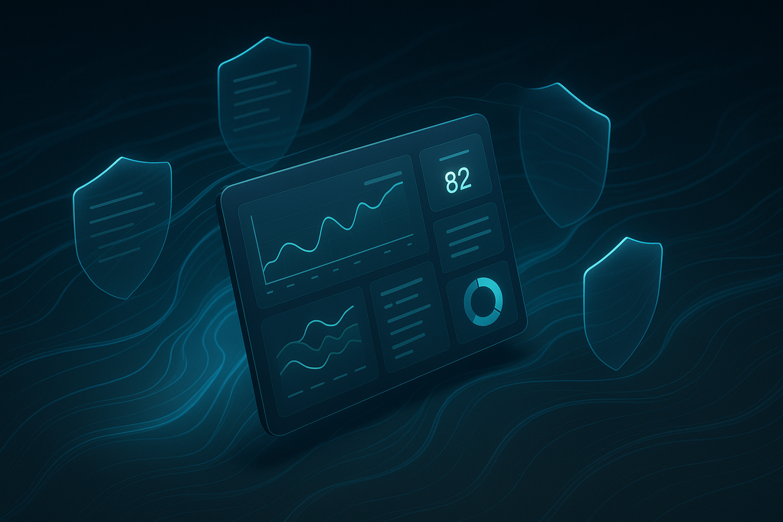 3D visualization of a digital product with data flows and protective force fields around it
