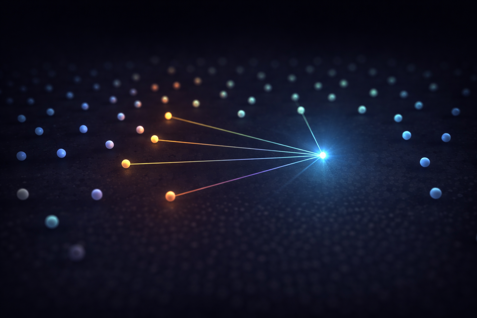 Minimal 3D-style vector space visualization: query point pulling nearest neighbors