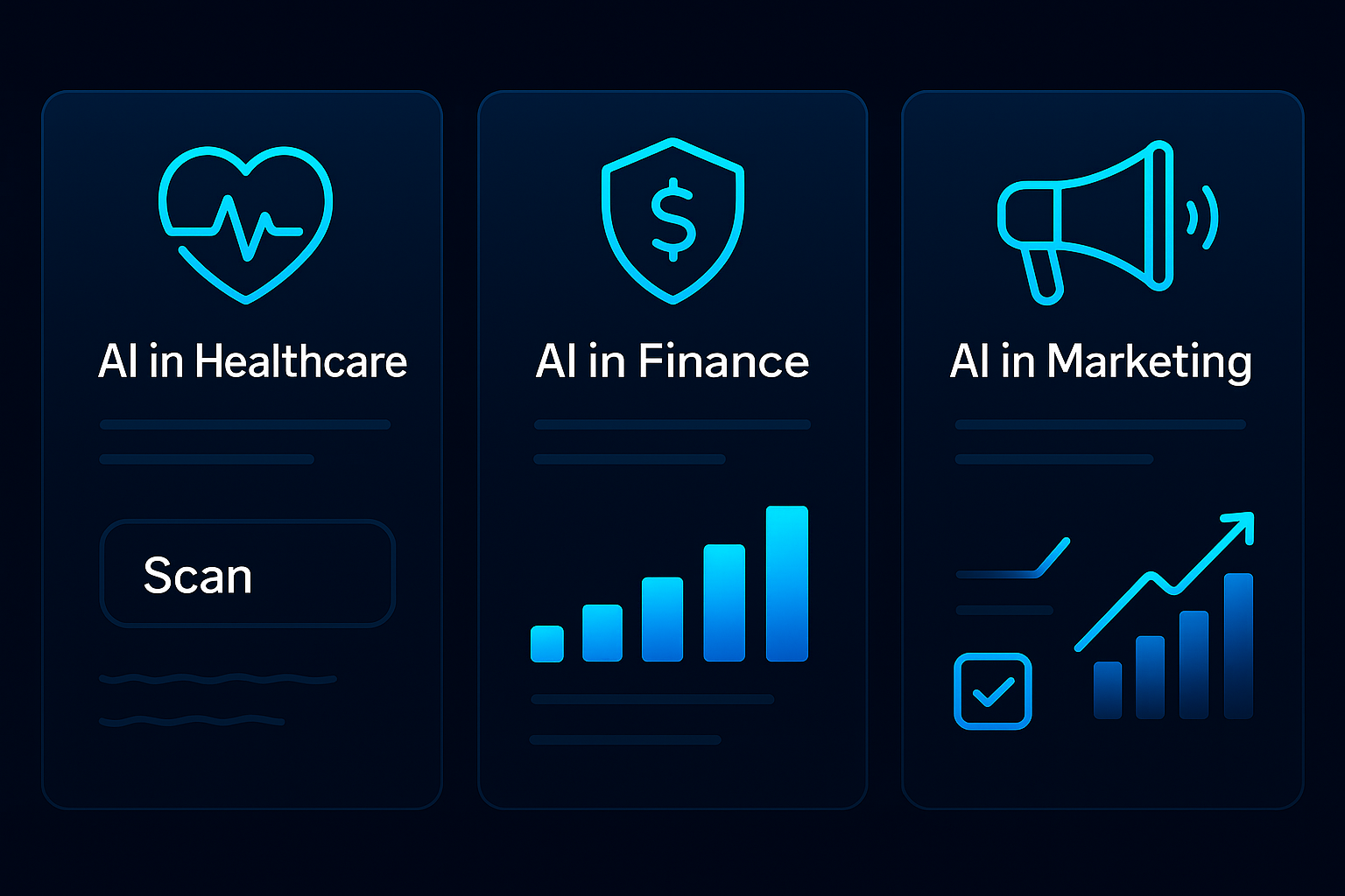 Three-panel illustration of AI in healthcare, finance, and marketing use cases