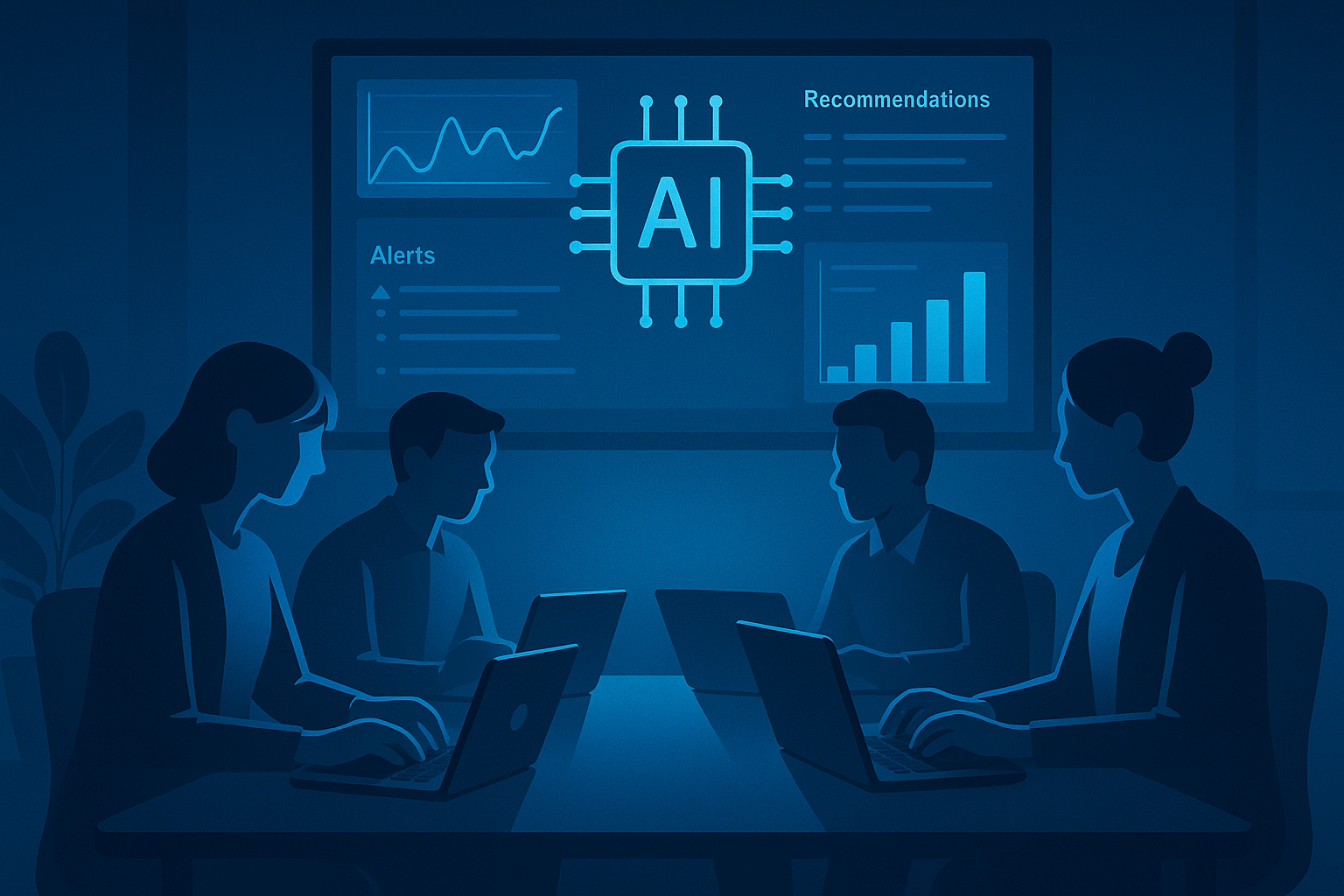 Team of diverse professionals collaborating with AI analytics on a large shared screen