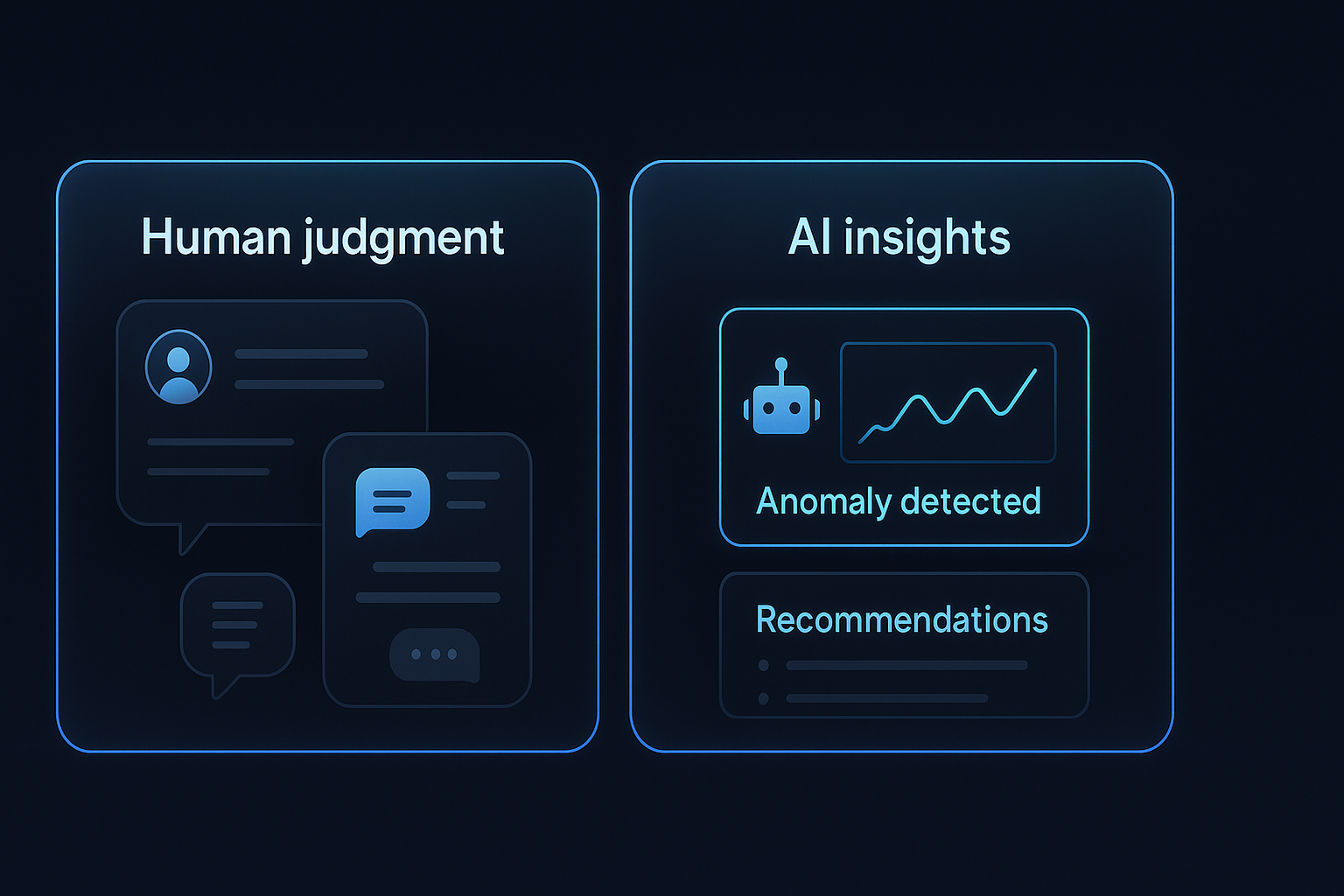 Concept illustration of humans and AI working side by side on dashboards and analytics