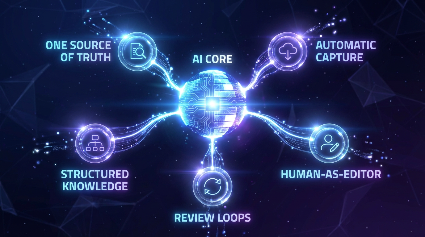 Diagram showing 5 principles around a central AI hub: capture, organize, search, act, review
