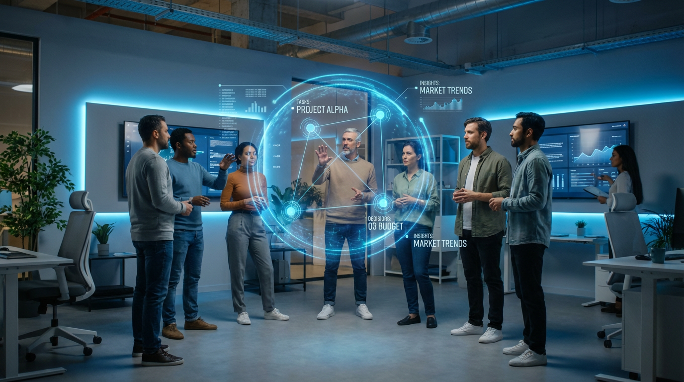 Team collaborating with laptops while an AI interface surfaces decisions and context on a shared screen
