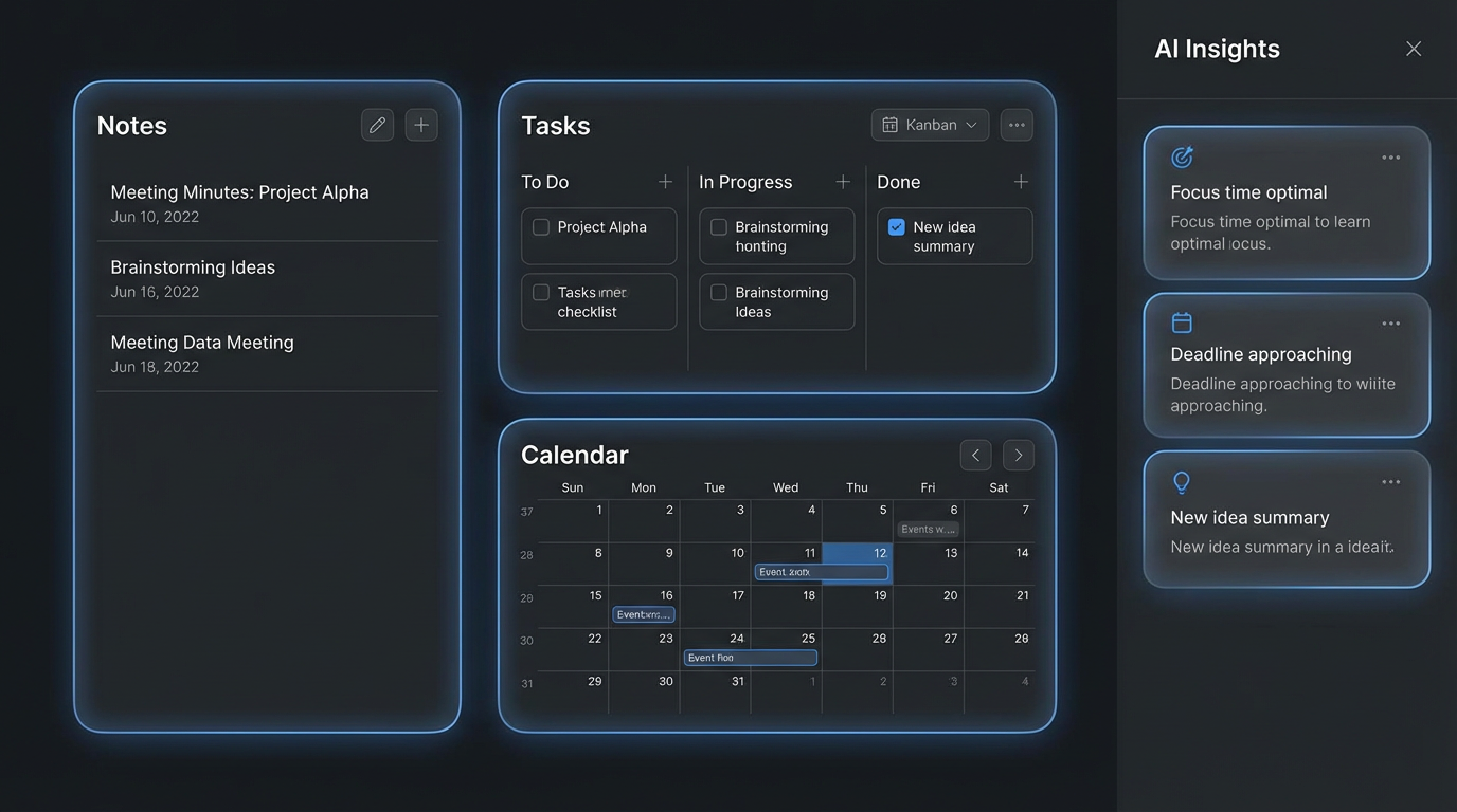 Dashboard concept of an AI second brain with tasks, notes and insights in one place