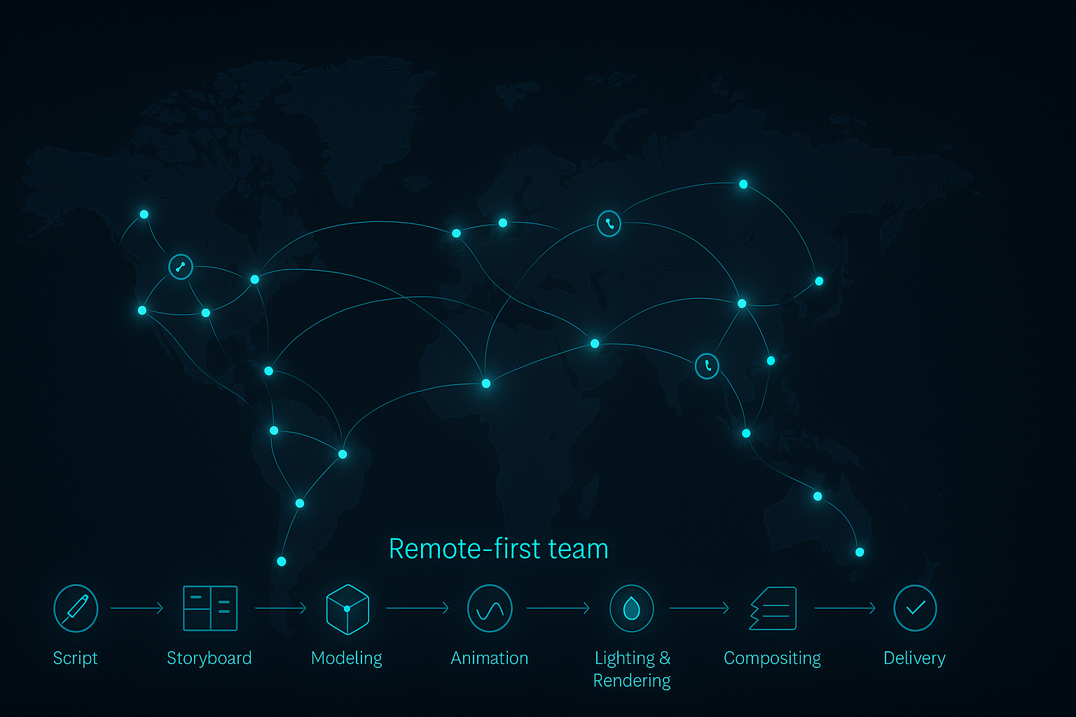 World map with connected remote team members across different time zones