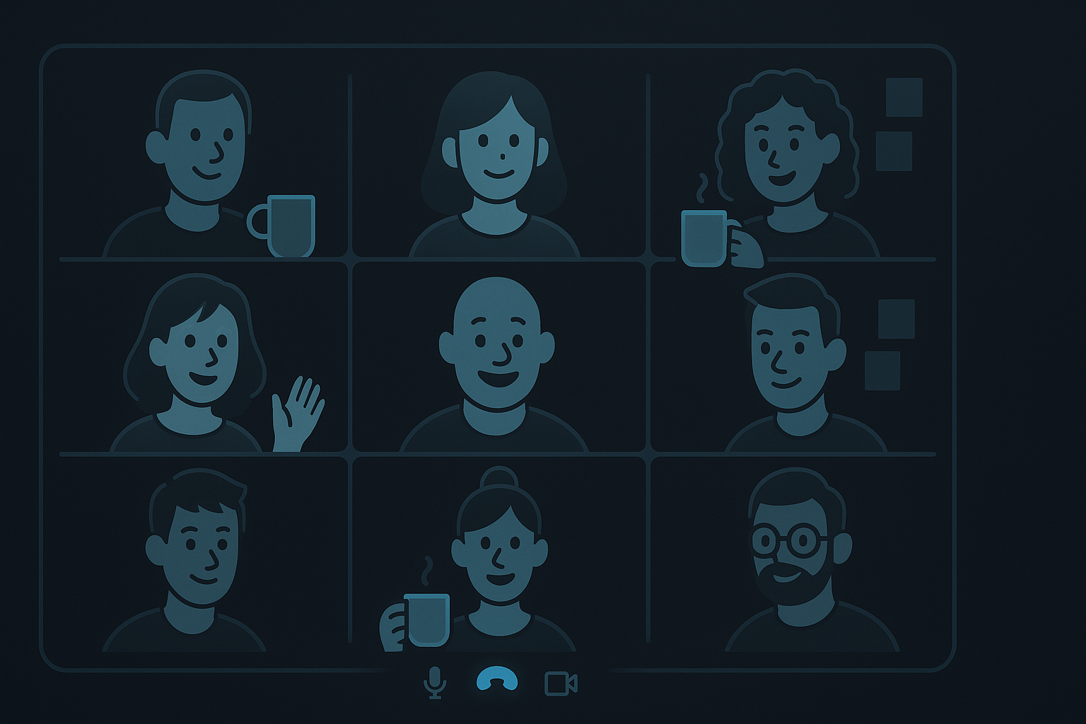Remote team in a video call having a casual virtual coffee chat