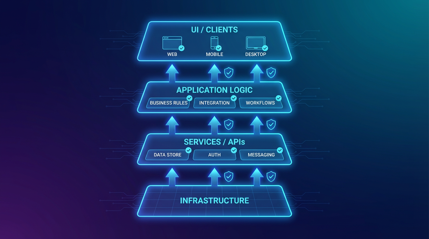 Dark-mode architecture diagram showing layered resilient digital product stack