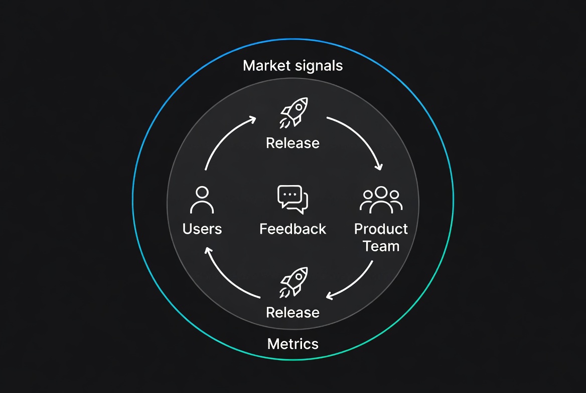 Infographic showing feedback loops between market, product, users, and cross-functional teams