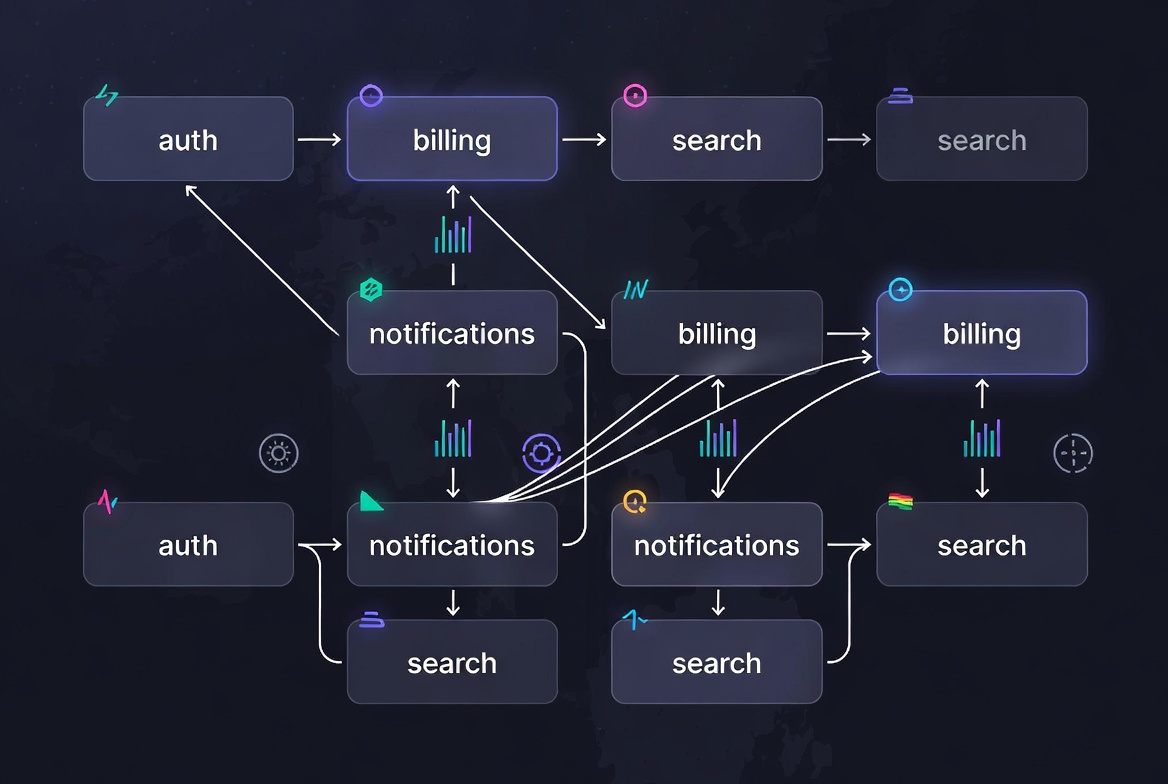 Diagram illustrating modular services, APIs, and databases with redundancy and failover