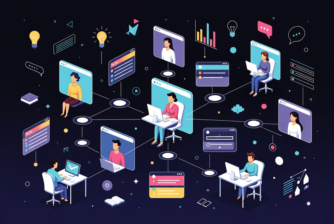 Remote and in-office team members collaborating over product dashboards and roadmaps