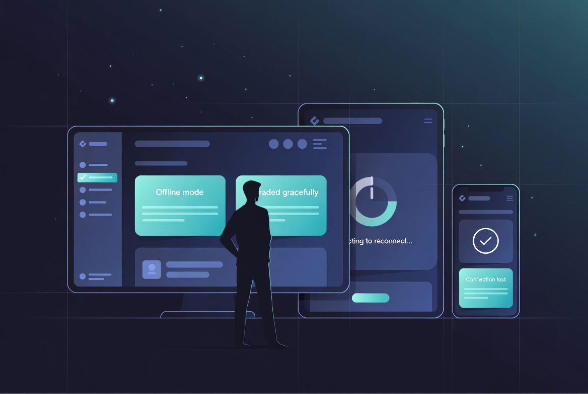 Illustration of a user interacting with responsive interfaces on desktop, tablet and mobile