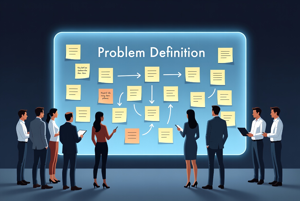 Team in a workshop standing around a large whiteboard full of sticky notes and diagrams