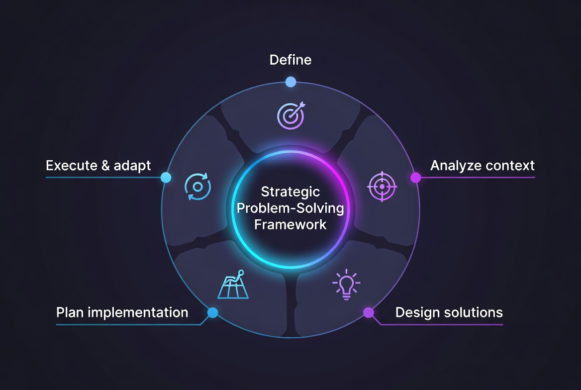 Circular framework diagram showing the five phases of strategic problem-solving