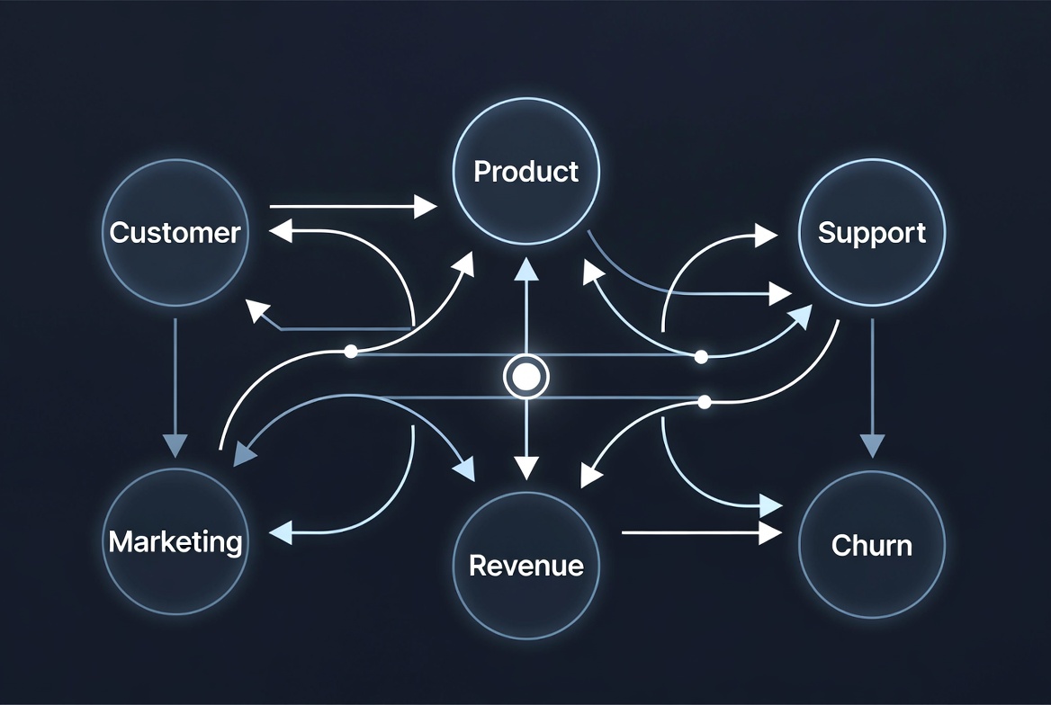 Systems-thinking style diagram showing interconnected factors and feedback loops